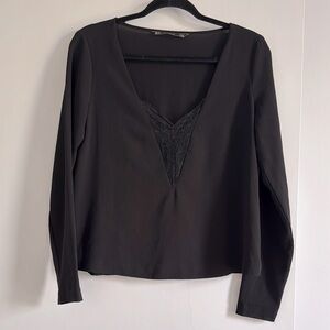 ZARA Black Long Sleeve V-Neck Blouse with Lace Detail | Size M